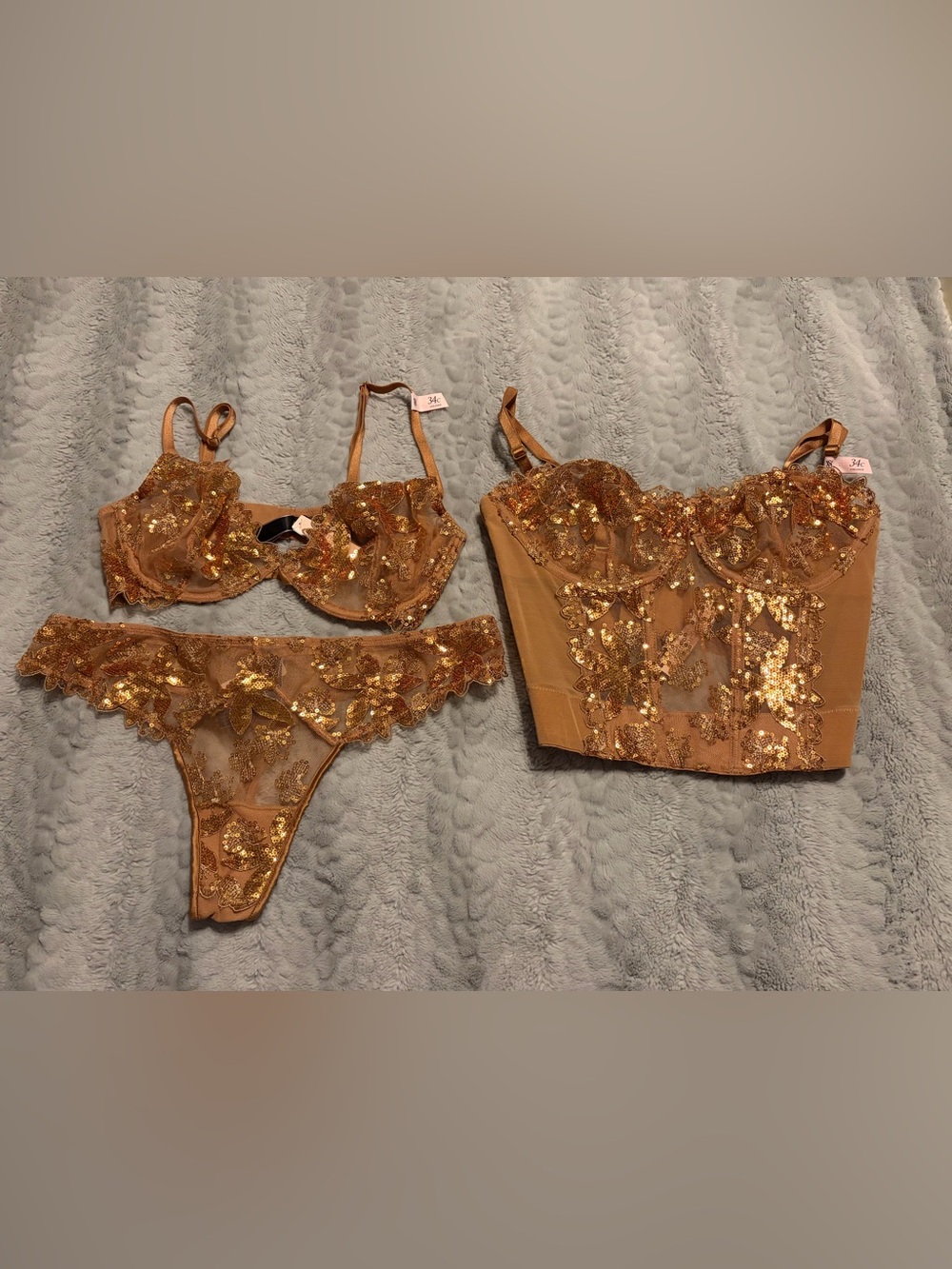 Brown Sequin Lace Bustier Bra & Thong Set